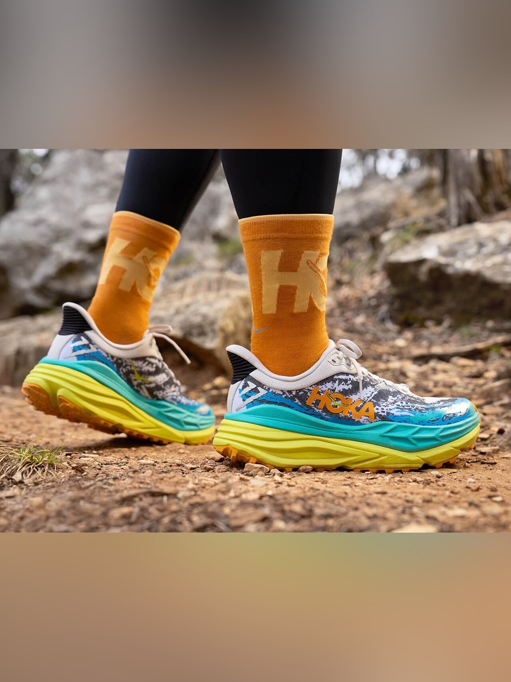 Hoka Orange Crew Socks with Multicolor Trail Running Shoes